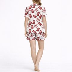 Pepper Drink Pink Coquette Bow Satin Pajama Set For Women