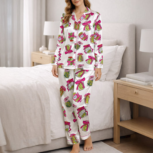 Women's pajama set featuring a fun all-over pickle jar print with pink bows, made from soft knit fabric. Includes a short sleeve button-down top and matching shorts.