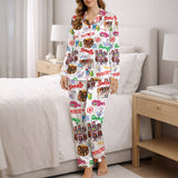 Women's pajama set with a vibrant white background, featuring an all-over print of diverse cartoon girls, pop art text like 'Gabriela' and 'Beautiful Chaos', and various symbols including anchors and crowns, creating a playful and eclectic collage pattern.