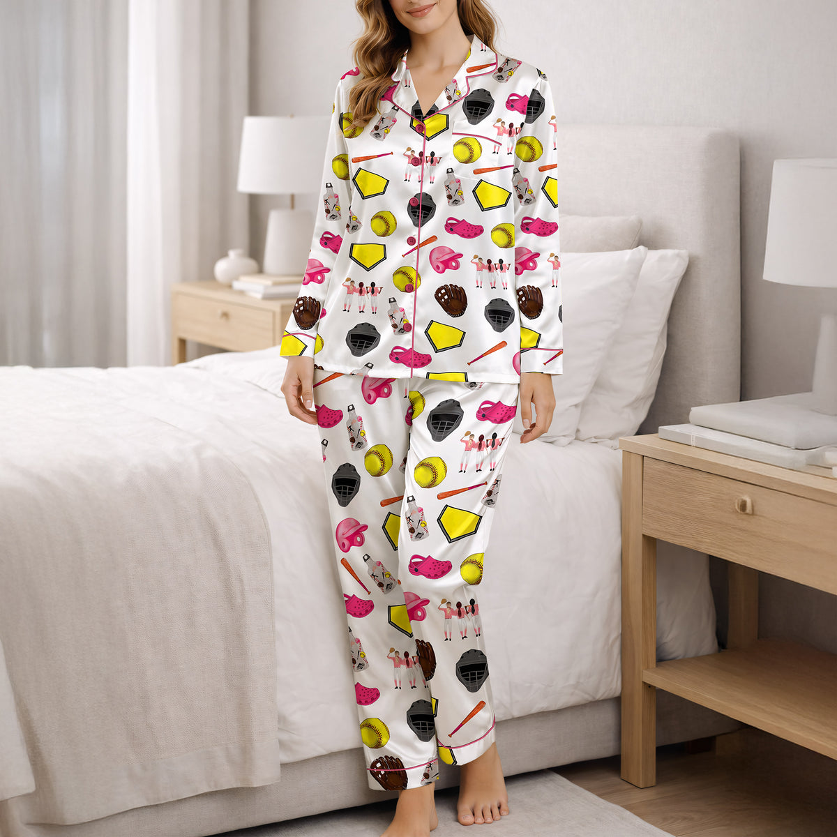 Women's Classic Button Down Pajama Set - Long: Softball Fan Comfort
