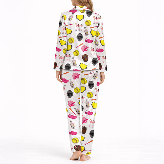 Women's Classic Button Down Pajama Set - Long: Softball Fan Comfort