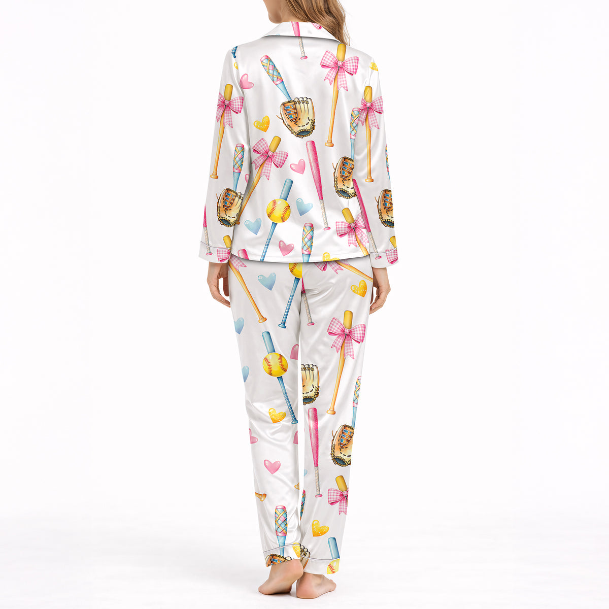 Women's Classic Button Down Long Pajama Set - Sporty Hearts Print
