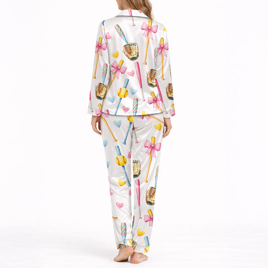 Women's Classic Button Down Long Pajama Set - Sporty Hearts Print