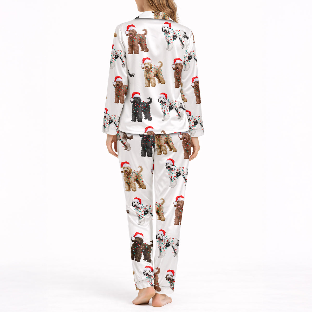 Women's Classic Button Down Long Pajama Set - Festive Dog Print
