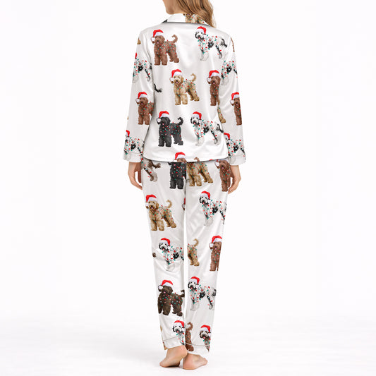 Women's Classic Button Down Long Pajama Set - Festive Dog Print
