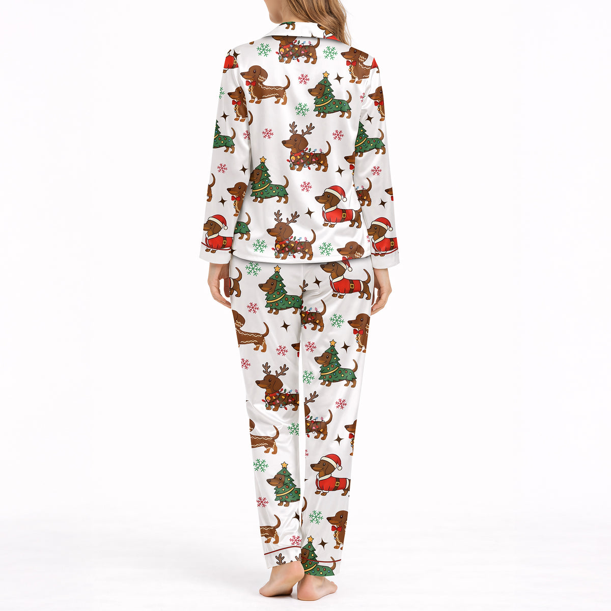 Women's Classic Button Down Pajama Set - Long - Dachshund Holiday Dreams