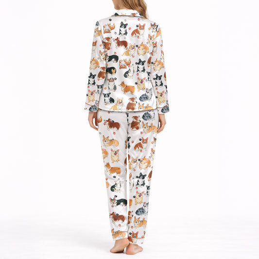 Women's Classic Button Down Long Pajama Set - Corgi Dog Print