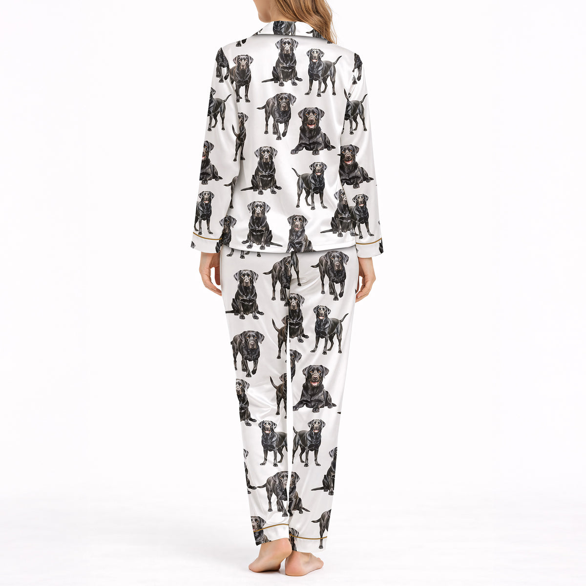 Women's Classic Button Down Pajama Set - Long Silky Satin | Black Labs Print