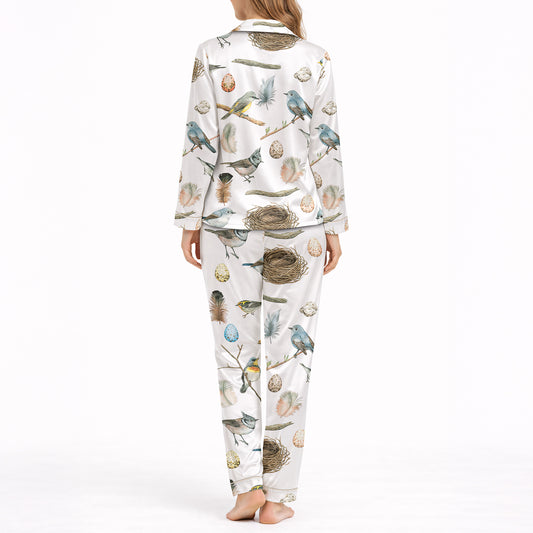 Women's Classic Button Down Pajama Set - Long KNIT - Birdsong Dreams Print