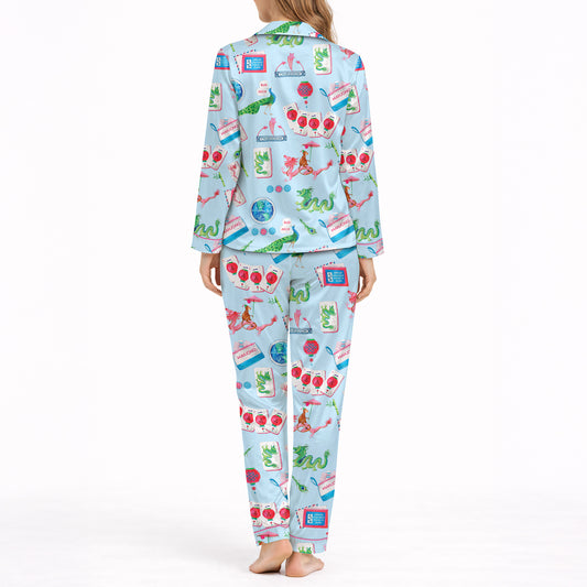 Women's Classic Button Down Pajama Set - Long: Whimsical Eastern Charm