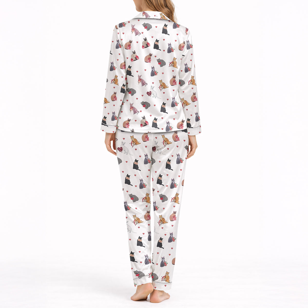 Women's pajama set with a cute cat and heart pattern on a white background, featuring various colored cats holding red hearts, perfect for pet lovers and cozy sleepwear.