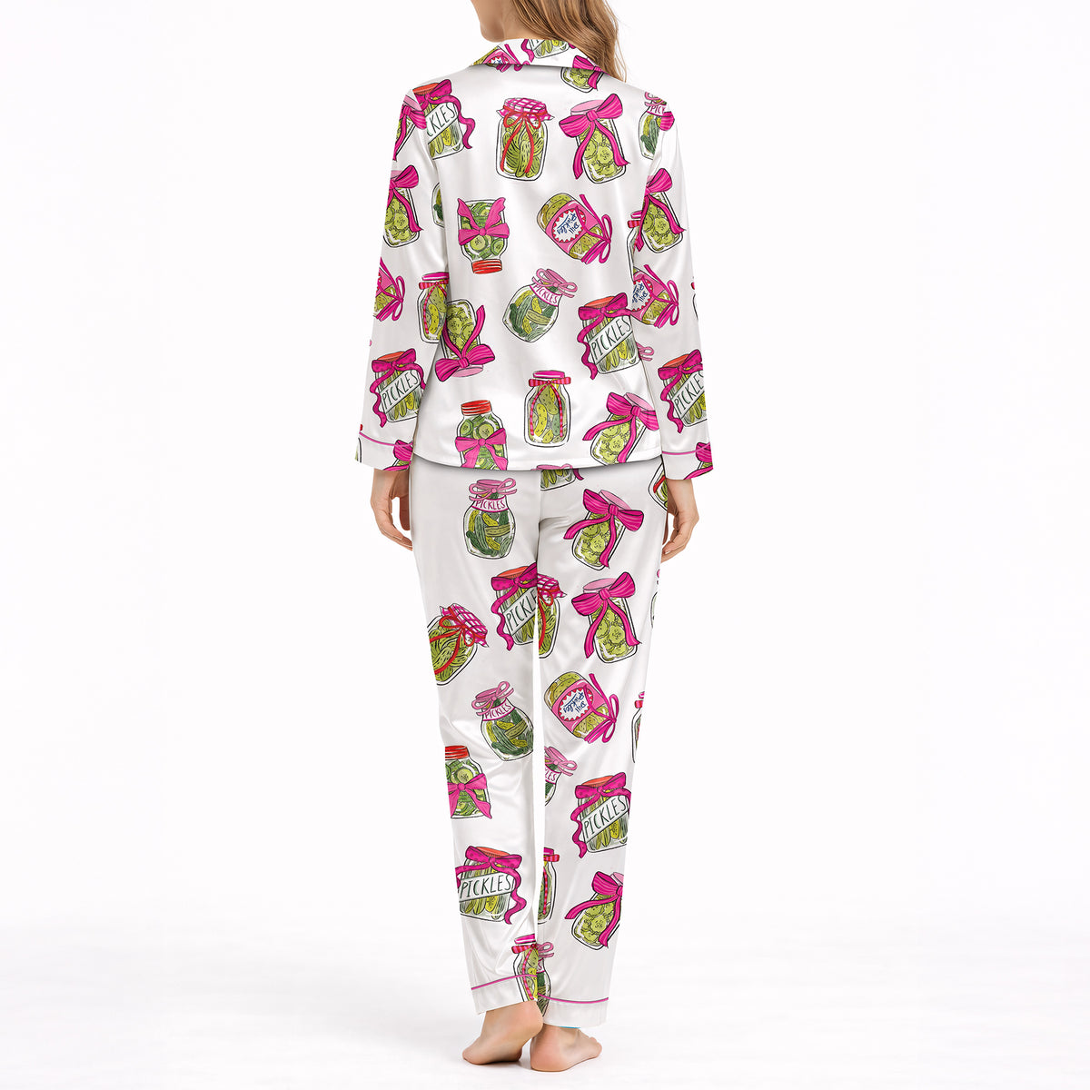 Women's Classic Button Down Pajama Set - Long Silky Satin Pickle Print