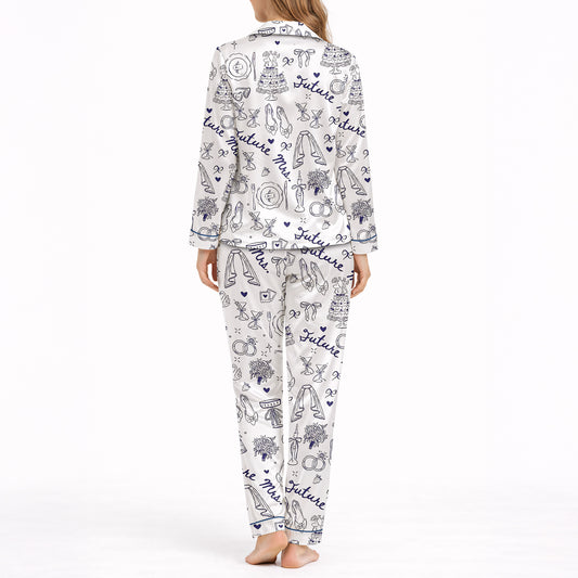 Women's Classic Button Down Pajama Set - Long KNIT - Future Mrs. Bridal Print