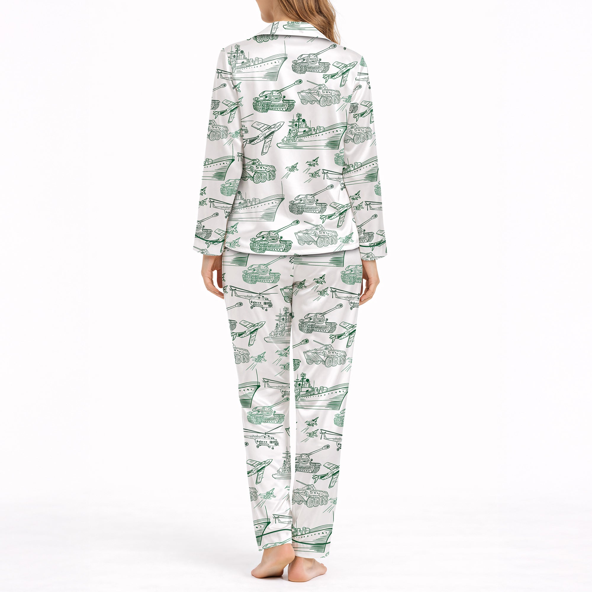 Women's pajama set featuring a unique green sketch pattern of military vehicles including tanks, warships, fighter jets, and helicopters on a white background, perfect for comfort and style.