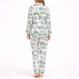Women's pajama set featuring a unique green sketch pattern of military vehicles including tanks, warships, fighter jets, and helicopters on a white background, perfect for comfort and style.