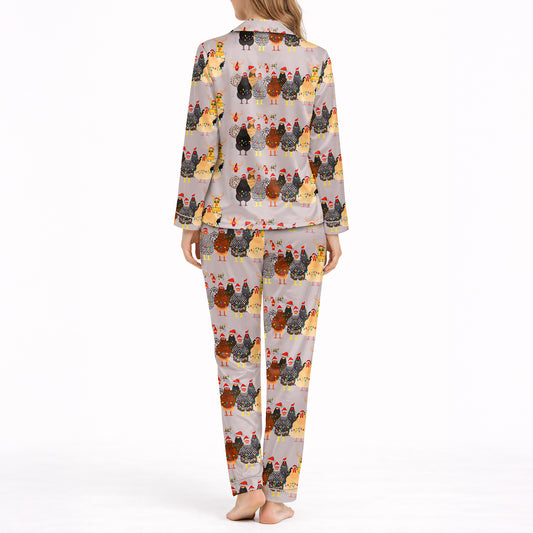 Women's Classic Button Down Long Pajama Set - Festive Christmas Chickens