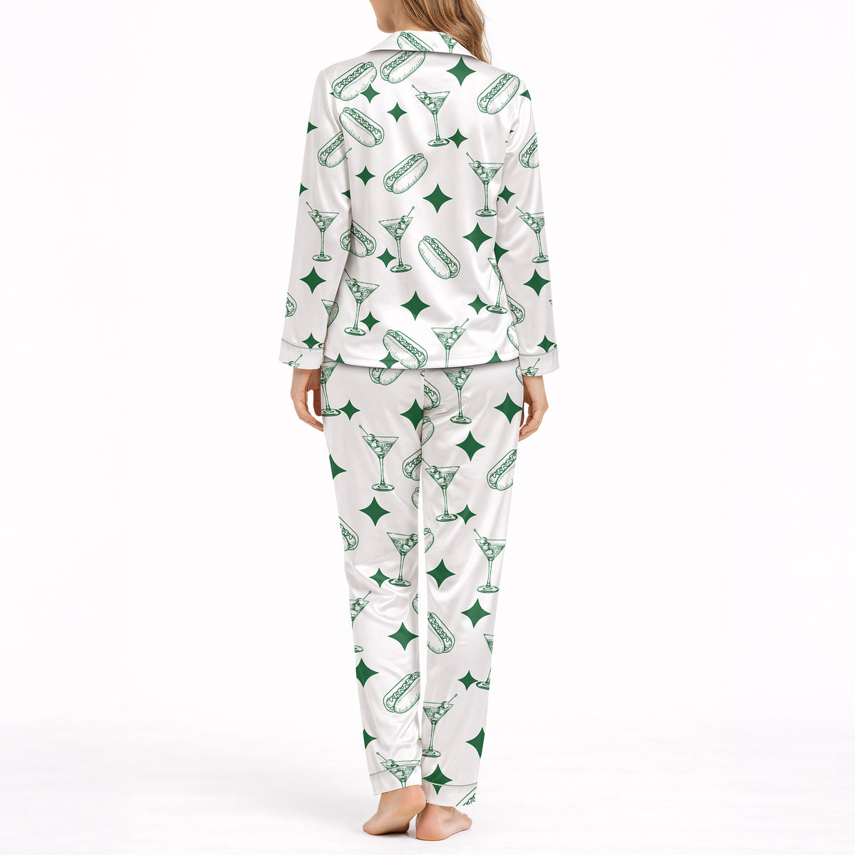 Snack & Sip Women's Classic Button Down Pajama Set - Long Silky Satin