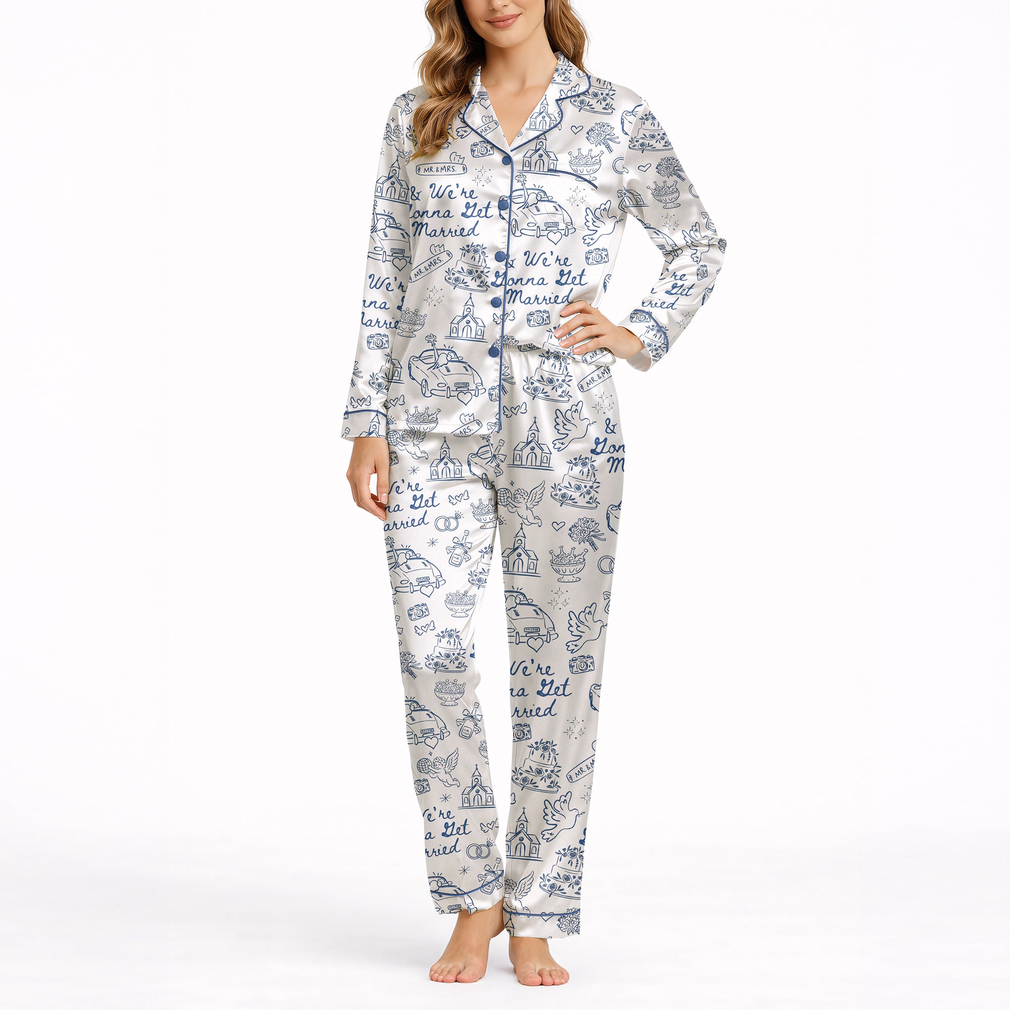 Women's white pajama set with blue wedding-themed doodle pattern, featuring wedding cars, cakes, churches, rings, and 'We're Gonna Get Married' text, perfect for bridal showers or bachelorette parties.