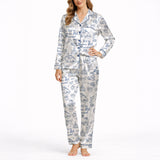Women's white pajama set with blue wedding-themed doodle pattern, featuring wedding cars, cakes, churches, rings, and 'We're Gonna Get Married' text, perfect for bridal showers or bachelorette parties.