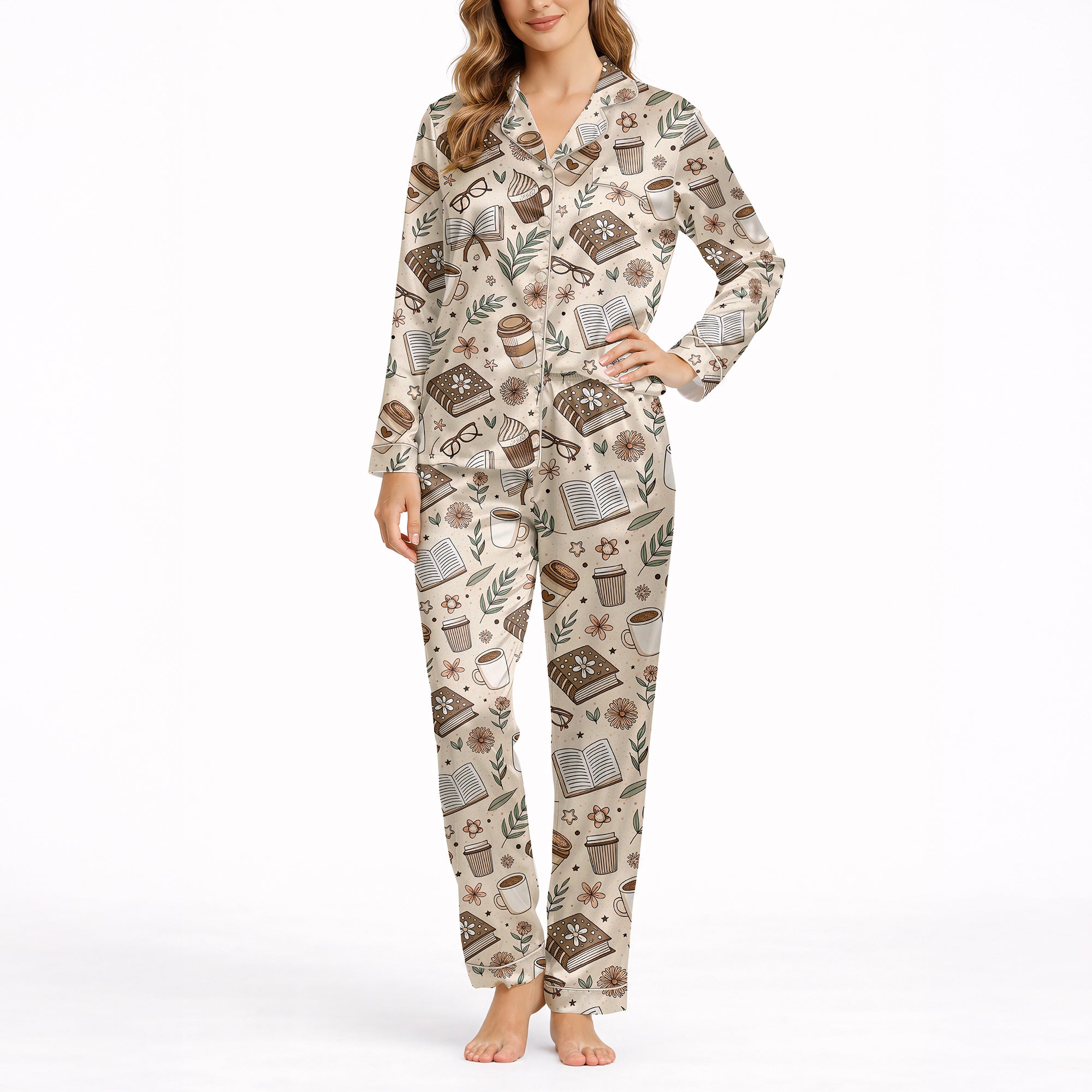 Women's short sleeve pajama set with a cozy pattern of books, coffee cups, eyeglasses, and flowers in warm brown and beige tones, perfect for reading and relaxation.