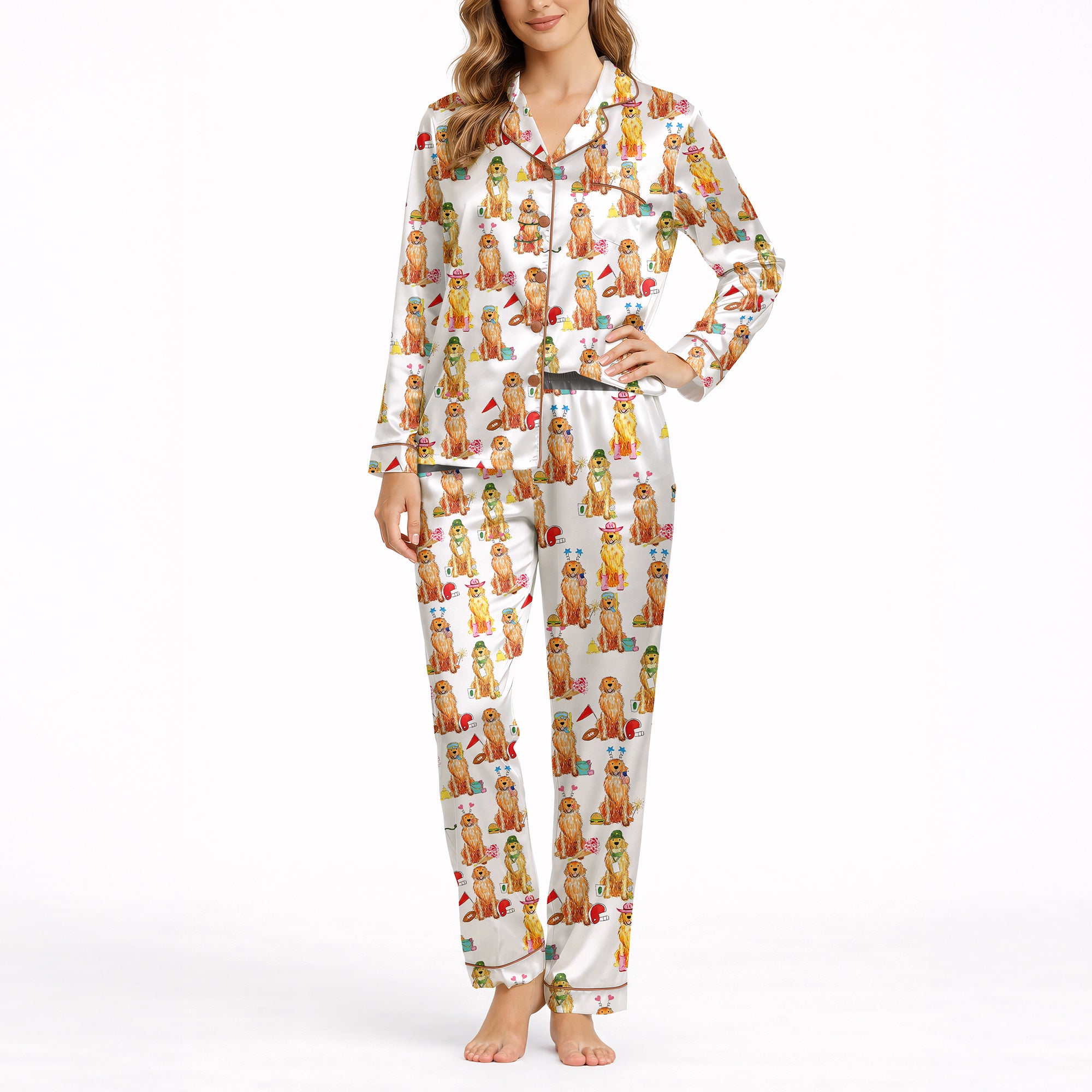 Women's pajama set featuring an all-over print of cute Golden Retrievers in various festive and seasonal outfits, on a white background.