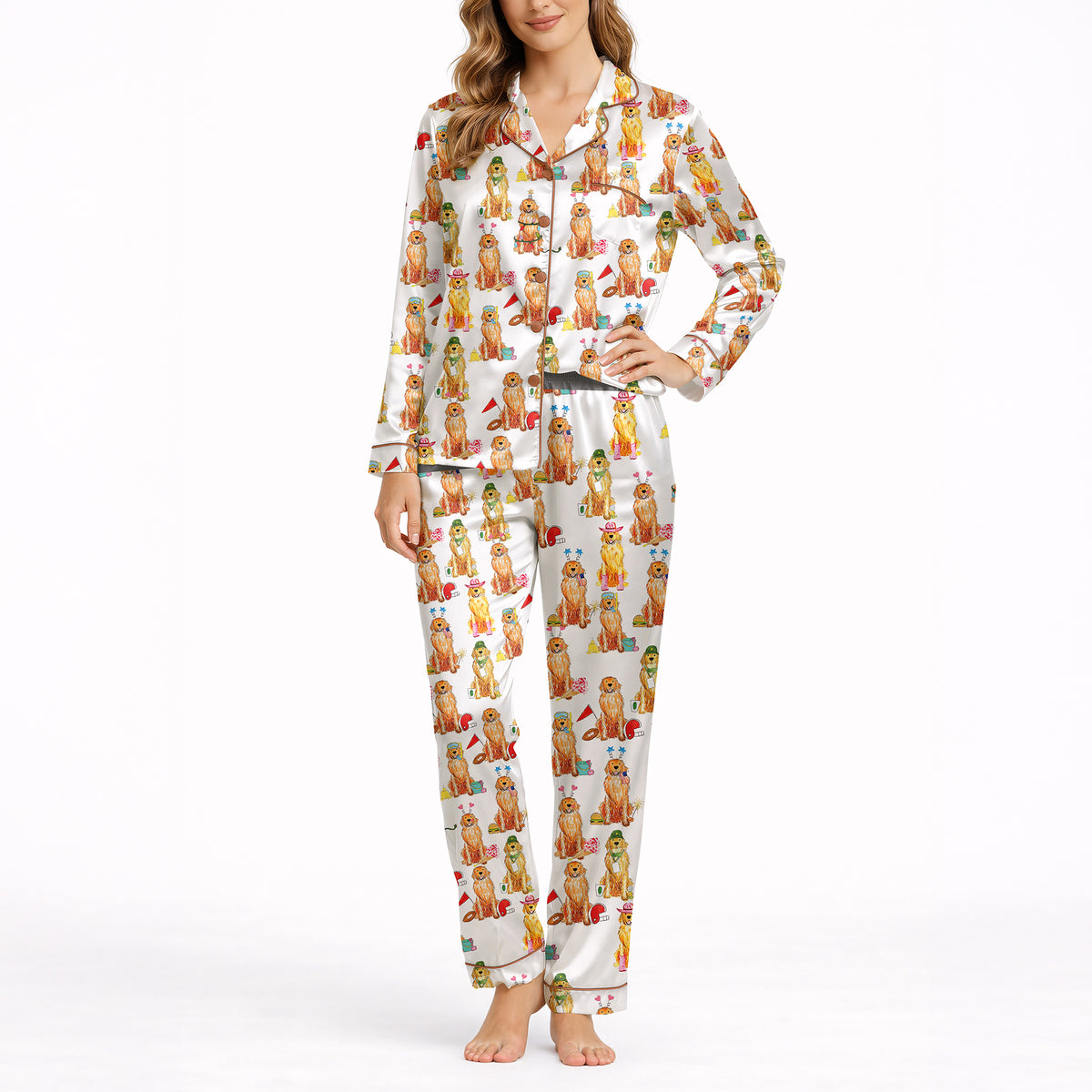 Women's pajama set featuring an all-over print of cute Golden Retrievers in various festive and seasonal outfits, on a white background.