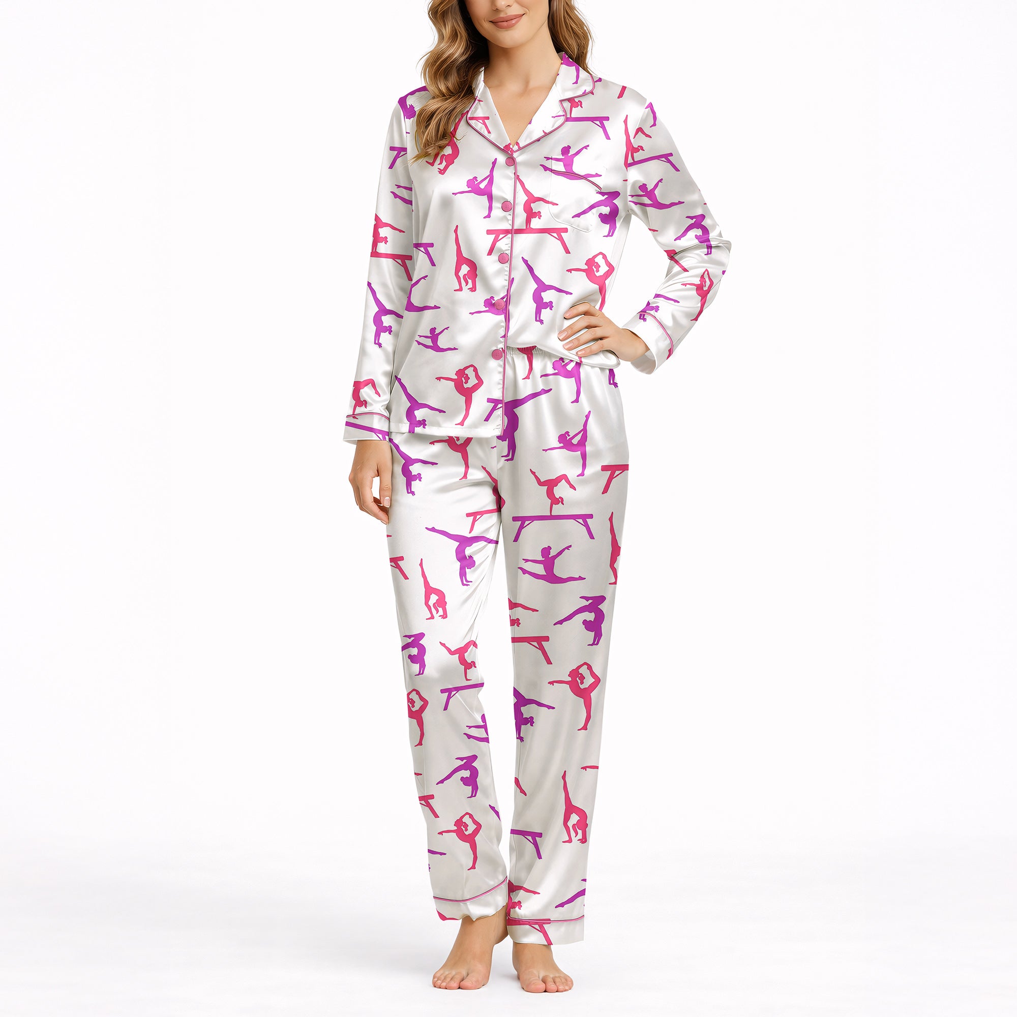 Women's pajama set featuring a vibrant pink and purple gymnast silhouette pattern on a white background, showcasing various athletic poses.