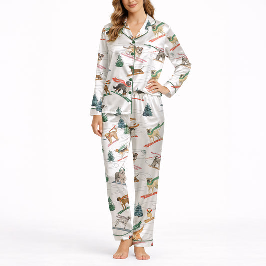 Women's Classic Button Down Pajama Set - Long | Winter Dog Adventures