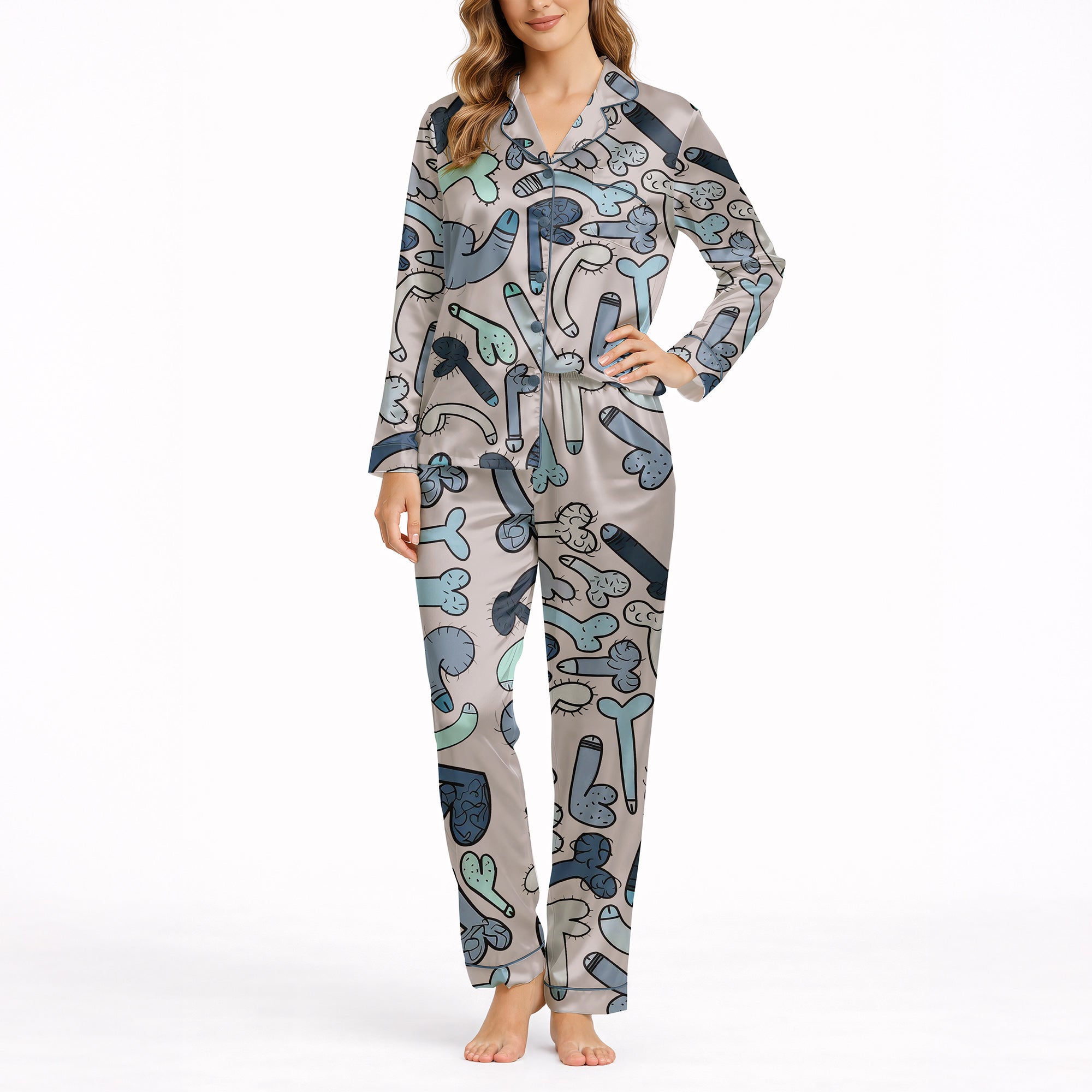 Women's pajama set with an all-over playful cartoon penis pattern in blue, grey, and teal colors on a light background, featuring a short-sleeve button-down top and matching shorts.