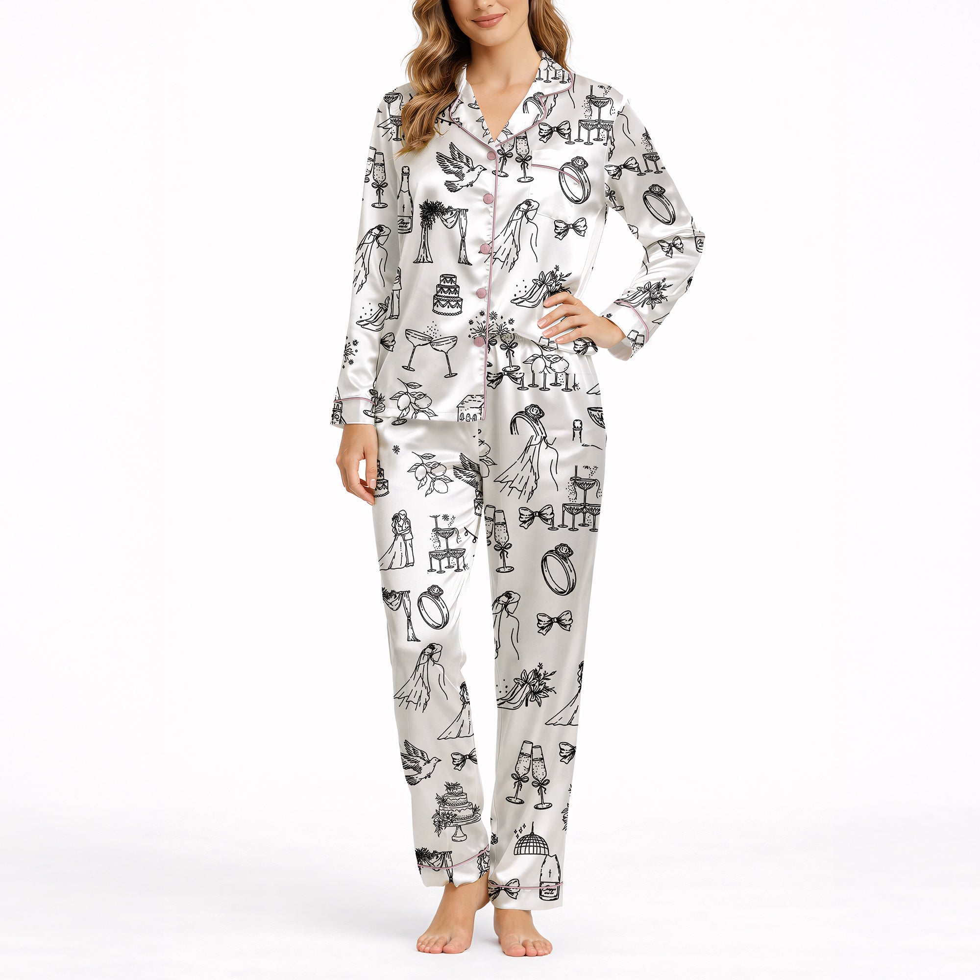 Women's pajama set featuring a black and white hand-drawn wedding doodle pattern with brides, grooms, cakes, rings, and champagne glasses on a white background, perfect for bridal loungewear.
