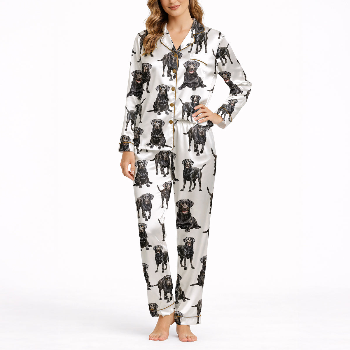 Women's Classic Button Down Pajama Set - Long Silky Satin | Black Labs Print