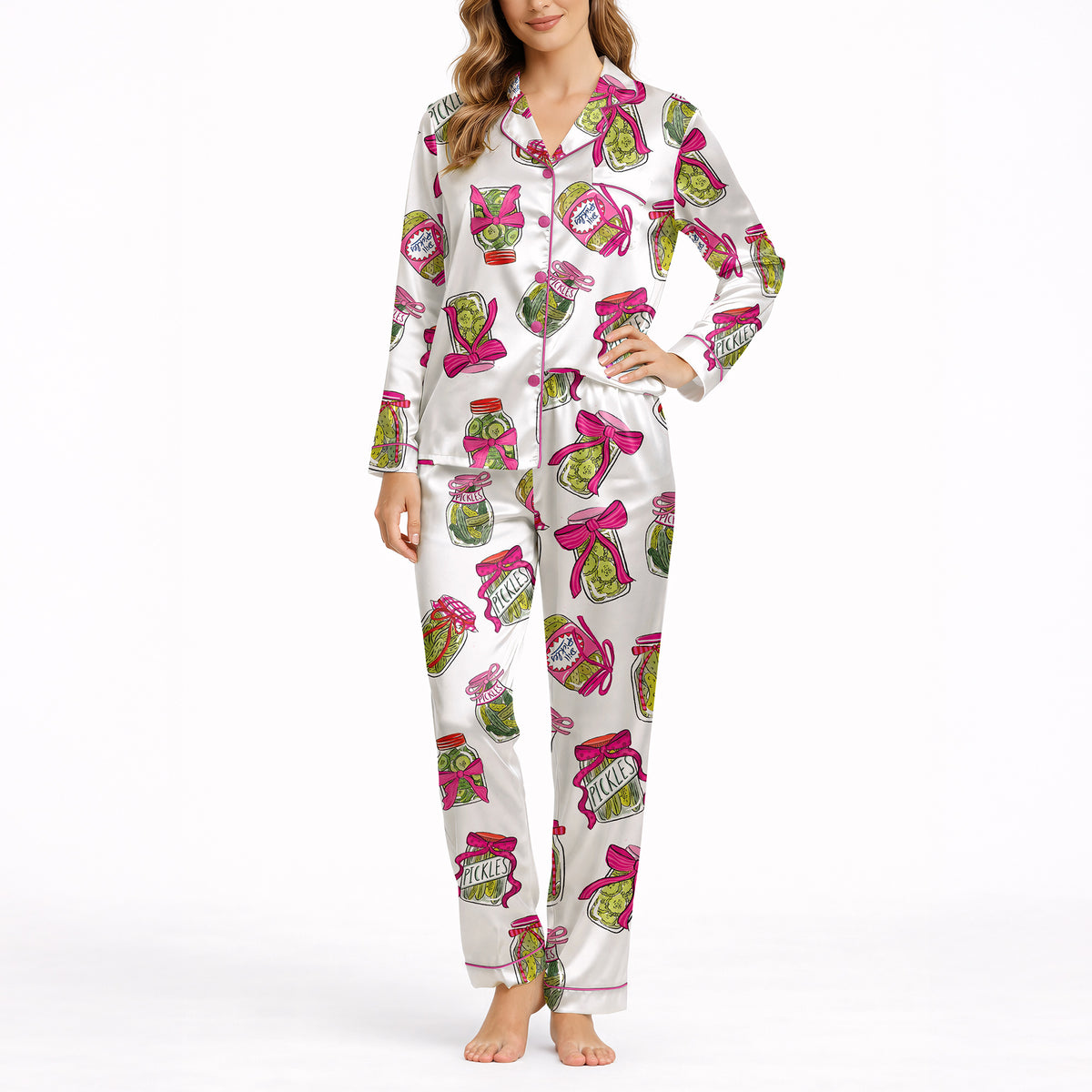 Women's Classic Button Down Pajama Set - Long Silky Satin Pickle Print
