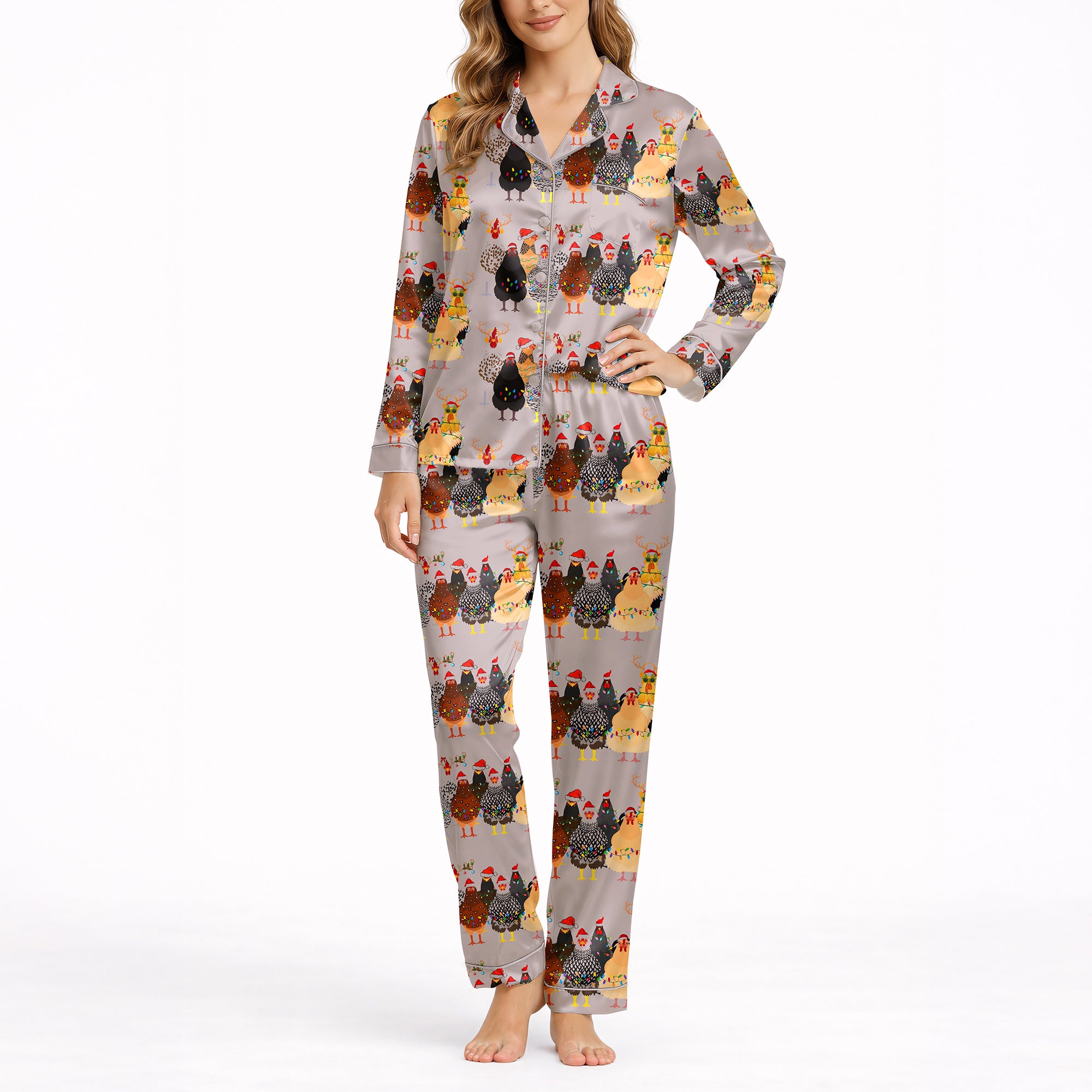 Women's pajama set with a festive Christmas chicken pattern, featuring chickens wearing Santa hats and reindeer antlers on a light grey background, perfect for holiday comfort.