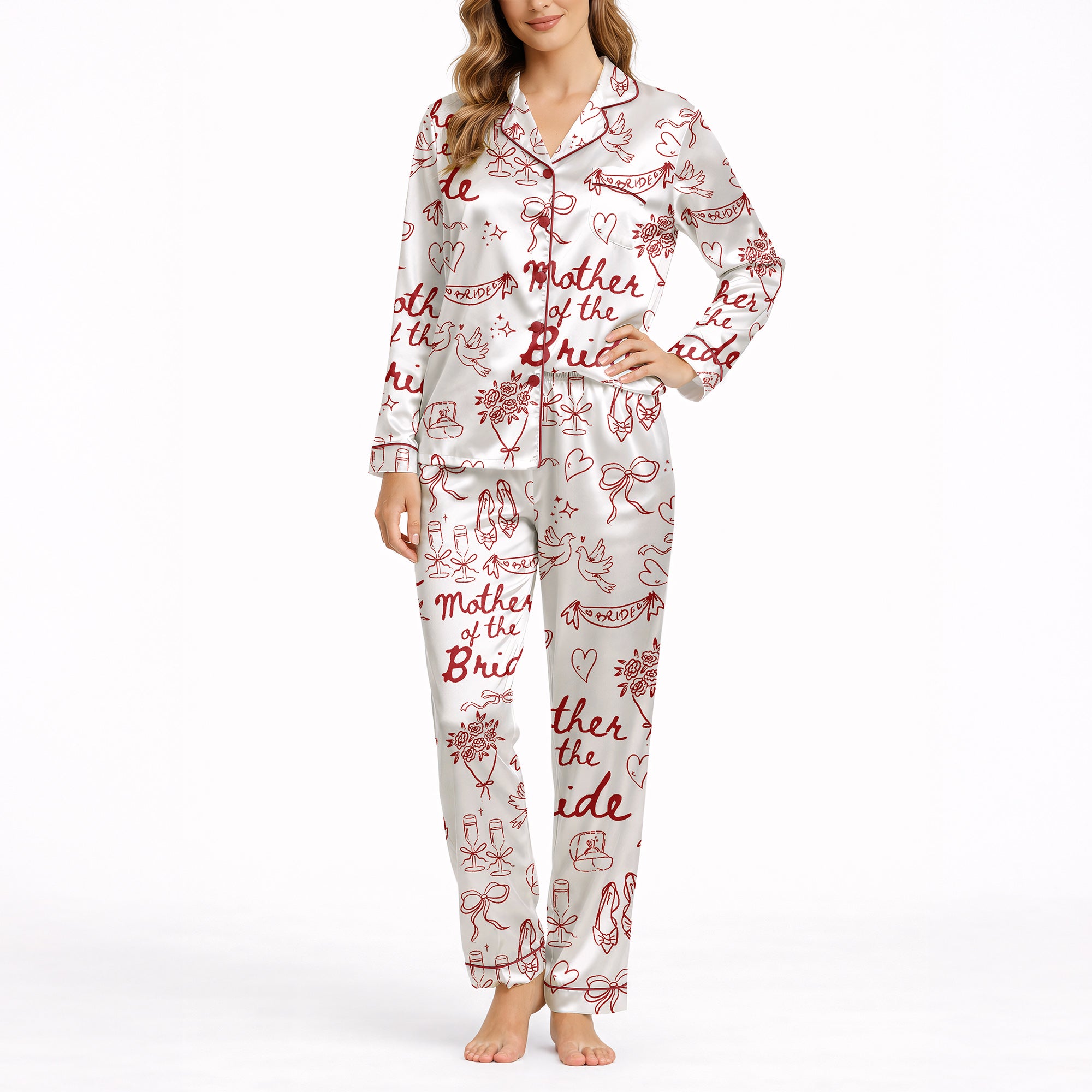 Women's Mother of the Bride pajama set with red hand-drawn wedding motifs on white fabric, including ballet slippers, champagne flutes, doves, and hearts.