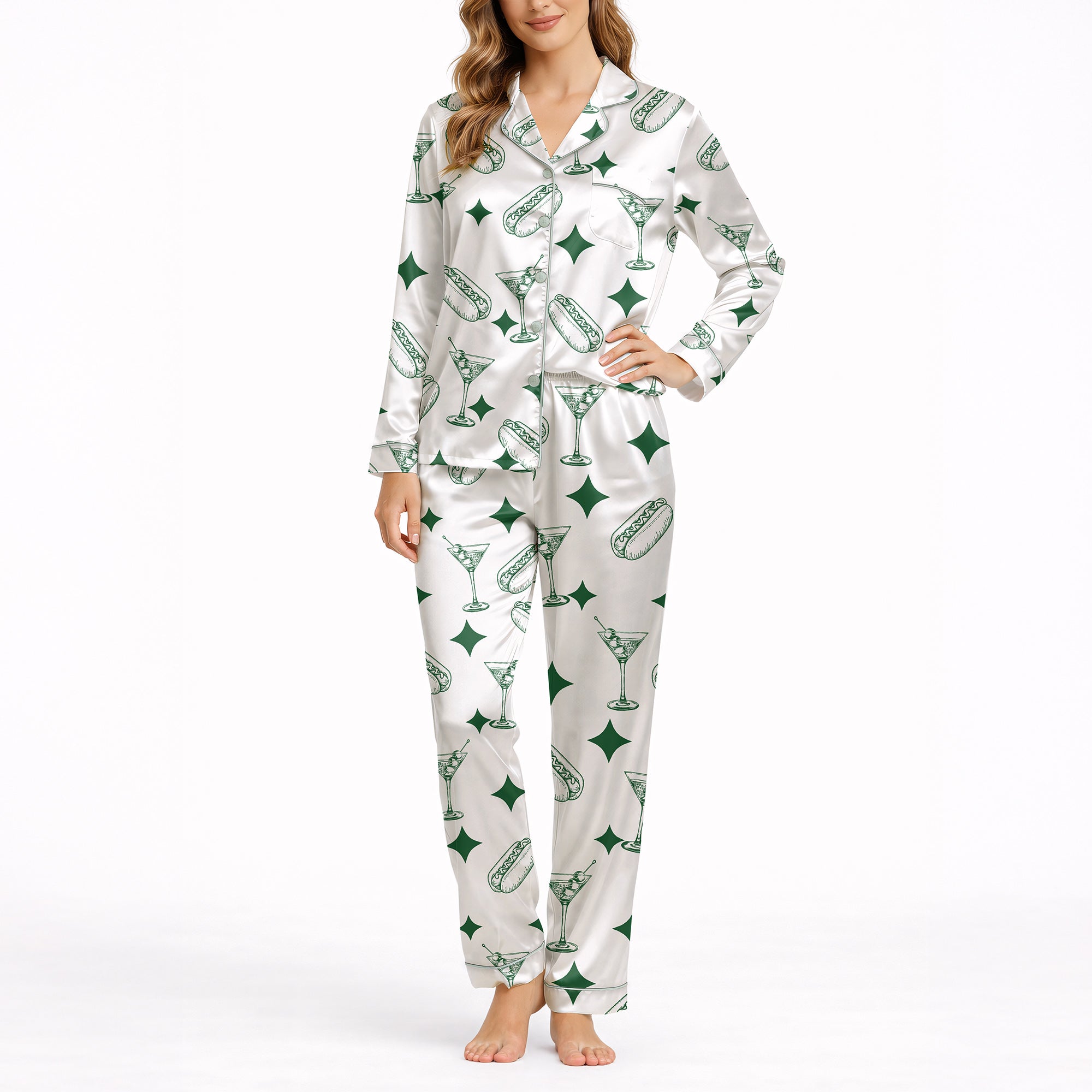 White pajama set with green hot dog, martini glass, and diamond pattern, short sleeve button-down top and shorts, soft knit fabric.