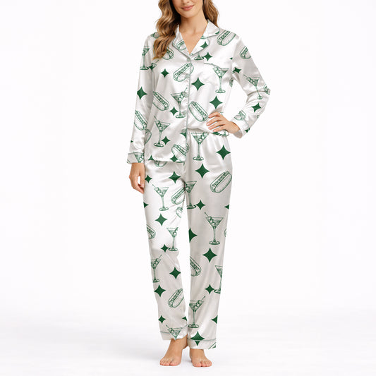 White pajama set with green hot dog, martini glass, and diamond pattern, short sleeve button-down top and shorts, soft knit fabric.