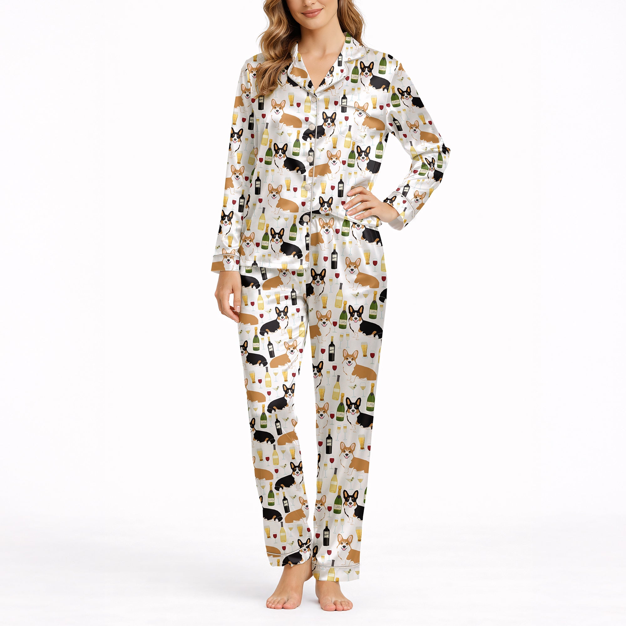 Women's pajama set featuring a fun and whimsical pattern of cute corgi dogs, wine bottles, wine glasses, beer glasses, and martini cocktails on a white background, perfect for pet lovers and relaxation.