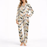 Women's pajama set featuring a fun and whimsical pattern of cute corgi dogs, wine bottles, wine glasses, beer glasses, and martini cocktails on a white background, perfect for pet lovers and relaxation.