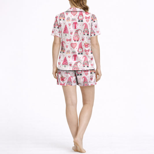 Whimsical Comfort: Women's Pajama Set - Short Sleeve Button Down Top with Gnome Print