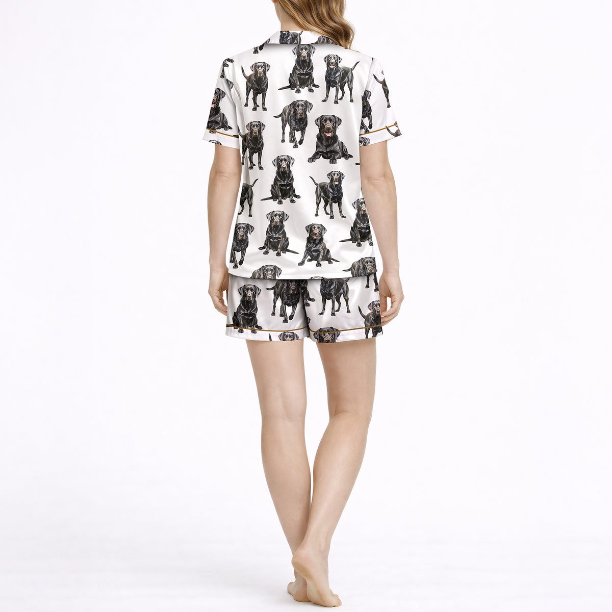 Women's Pajama Set - Short Sleeve Button Down Top Silky Satin | Black Labs Print