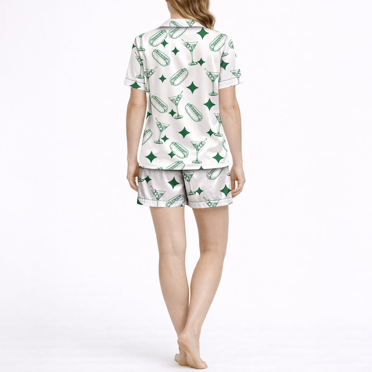 Snack & Sip Women's Classic Button Down Pajama Set - Short Silky Satin