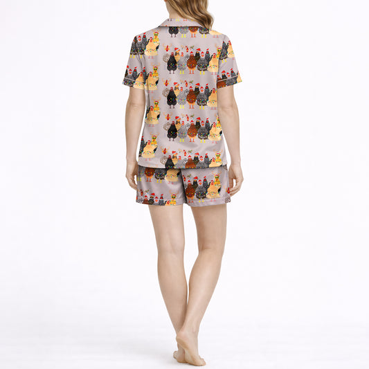Women's Classic Button Down Short Pajama Set - Festive Christmas Chickens