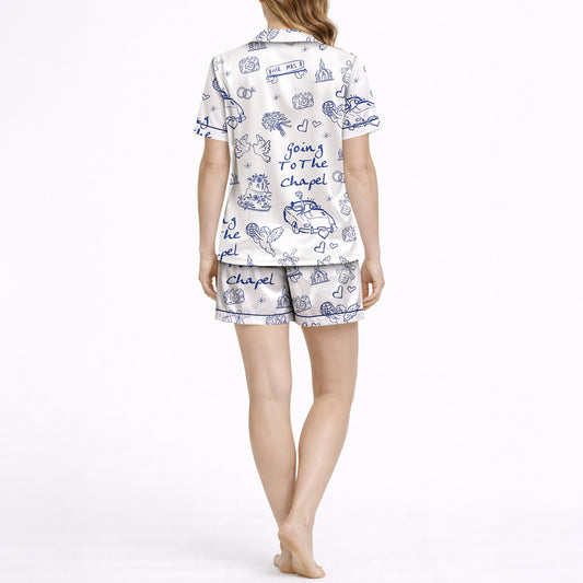 Charming Wedding Doodle Women's Pajama Set - Short Sleeve Button Down Top