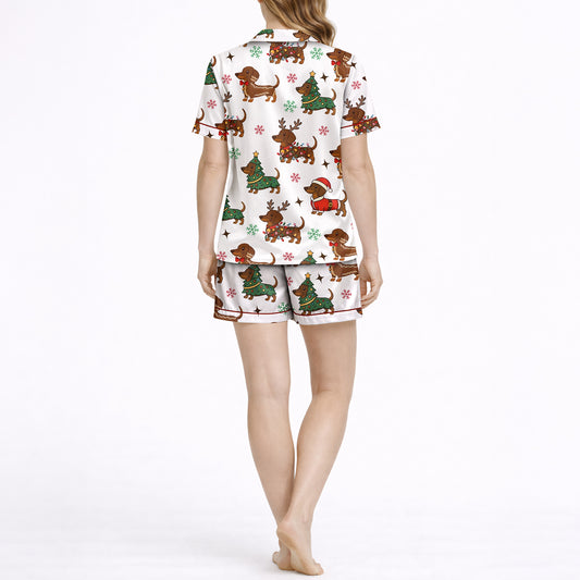 Women's Classic Button Down Pajama Set - Short - Dachshund Holiday Dreams