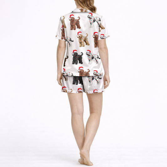 Women's Classic Button Down Short Pajama Set - Festive Dog Print