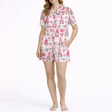 Whimsical Comfort: Women's Pajama Set - Short Sleeve Button Down Top with Gnome Print