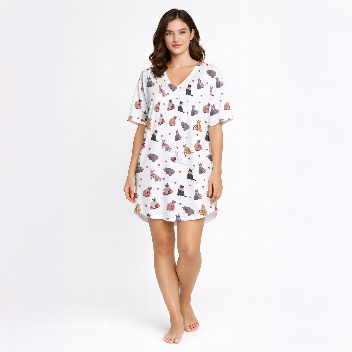 Women's pajama set with a cute cat and heart pattern on a white background, featuring various colored cats holding red hearts, perfect for pet lovers and cozy sleepwear.