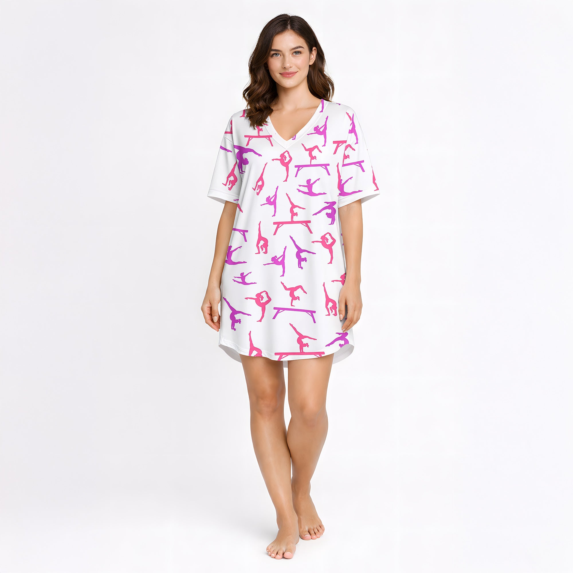 Women's pajama set featuring a vibrant pink and purple gymnast silhouette pattern on a white background, showcasing various athletic poses.