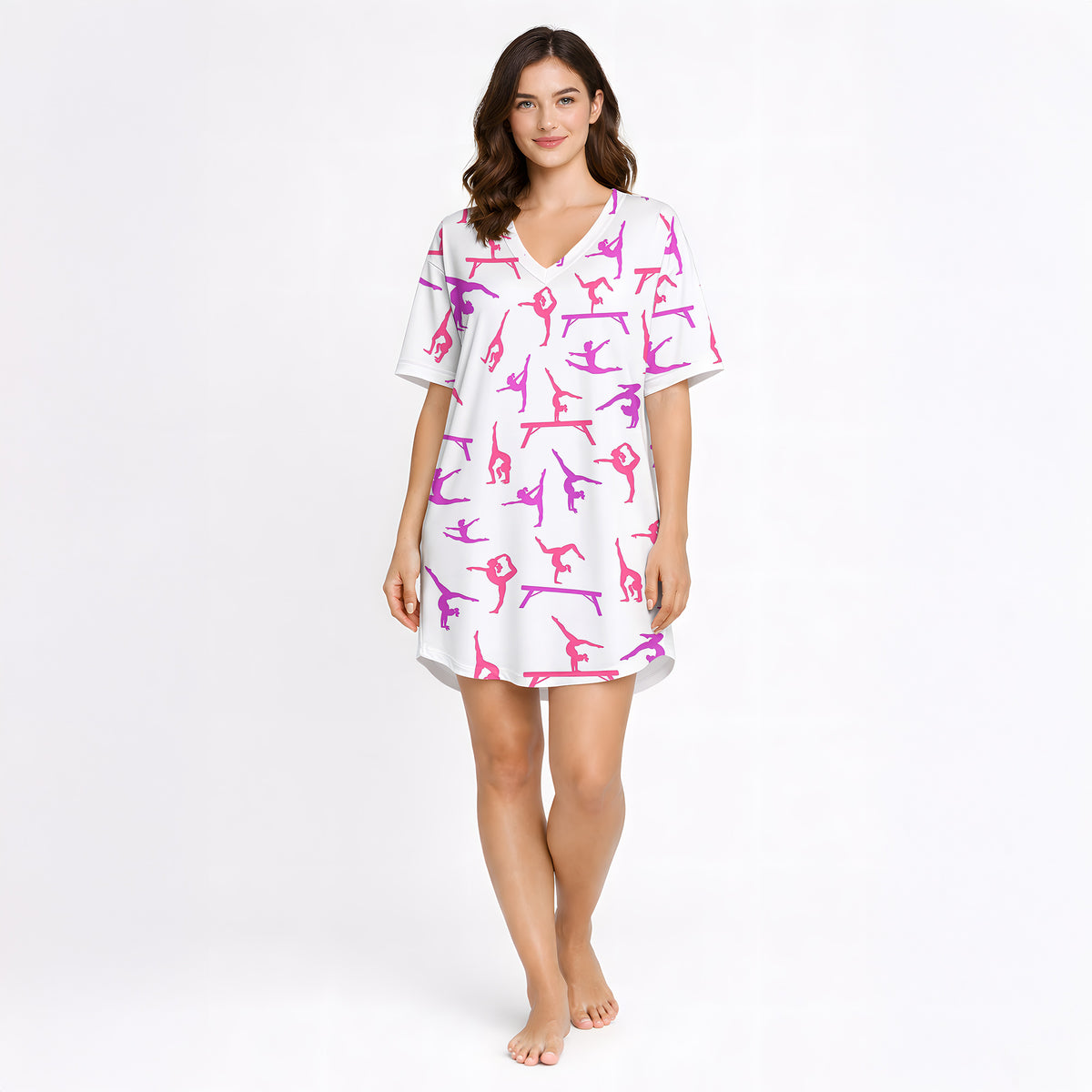 Women's pajama set featuring a vibrant pink and purple gymnast silhouette pattern on a white background, showcasing various athletic poses.