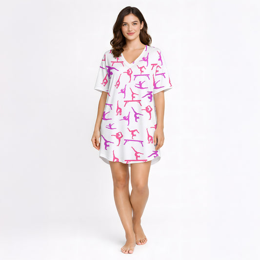 Women's pajama set featuring a vibrant pink and purple gymnast silhouette pattern on a white background, showcasing various athletic poses.